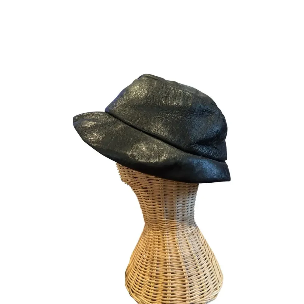 Vintage Black Leather Bucket Hat Women’s Small Soft Genuine Leather Minimalist